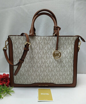 Michael Kors Jessie Ivory MK Printed Brown Leather Trim Tote - NWT $358